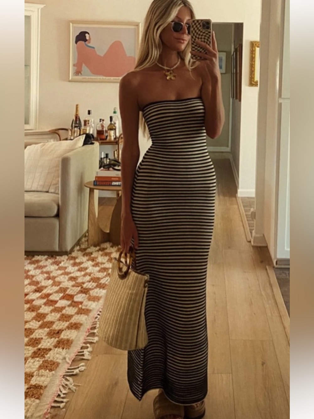 Strapless dark brown & White Stripe Tube Maxi Dress